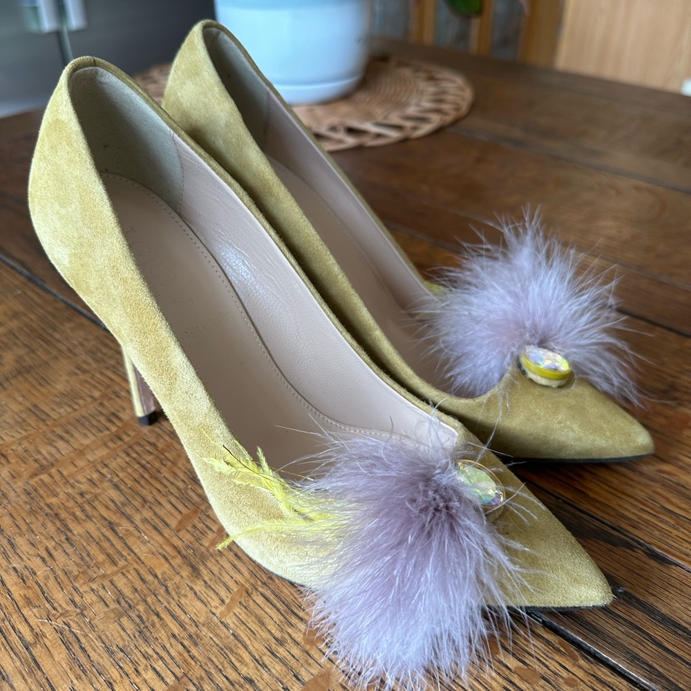 J Crew suede leather and fur pointy yellow pumps shoes size 5.5/6